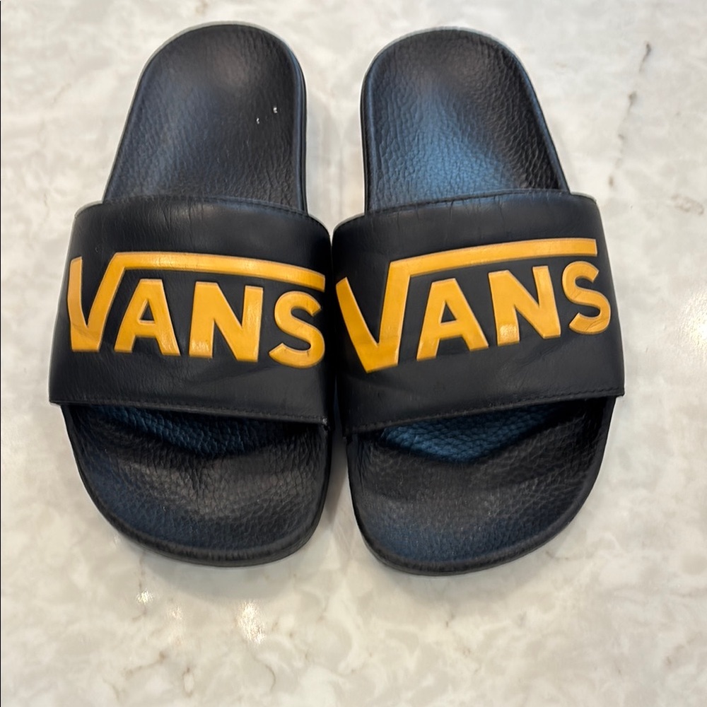 Vans Black Slides with Yellow Logo